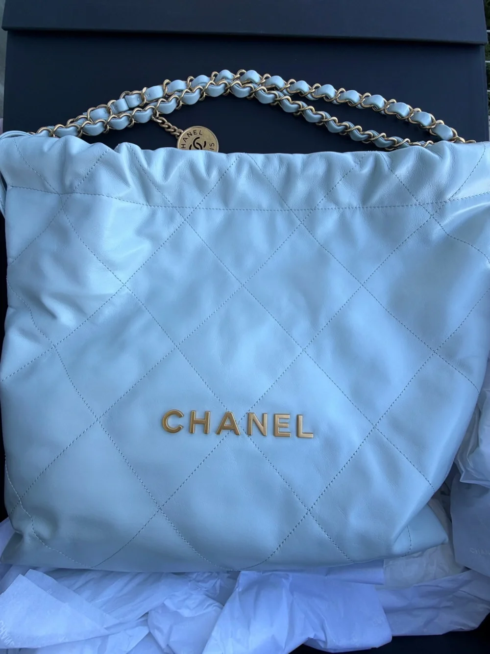 CHANEL Quilted Hobo Bag in RARE Pale Grey/Blue with Gold Hardware